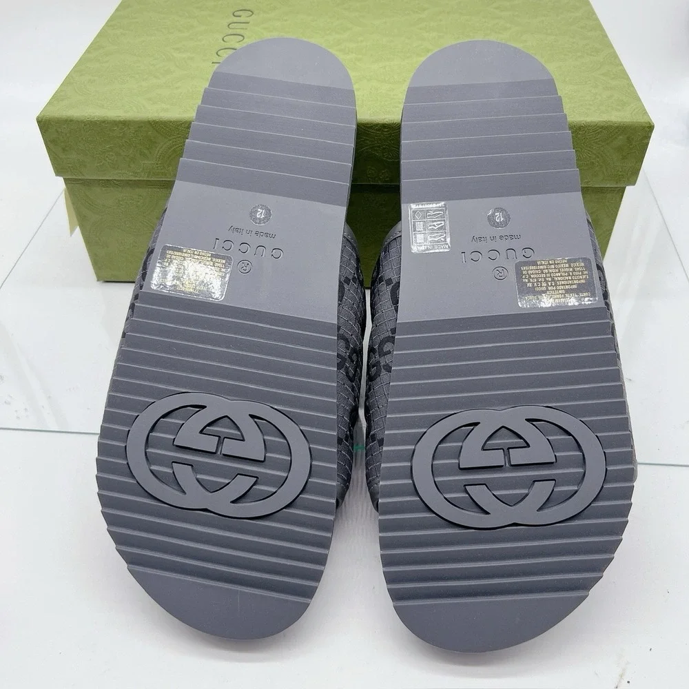 GUCCI Mens GG LOGO Ripstop Monogram Gray Slides Sandals 771466 Men UK 12 US 12.5